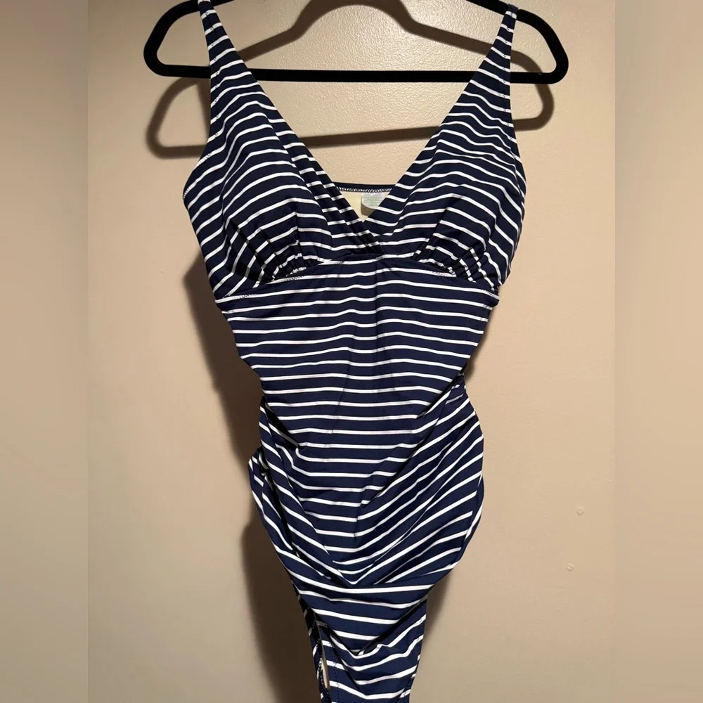 Garnet Hill Navy & White Striped V‑Neck One‑Piece Swimsuit